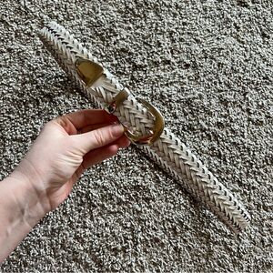 Woven Cream Braided Belt with Gold Tone Buckle